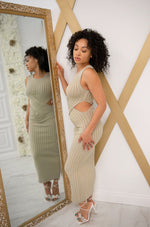 Knitted midi dress with a front twist midriff cutout in khaki