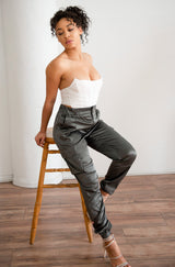 white strapless corset with charcoal satin joggers