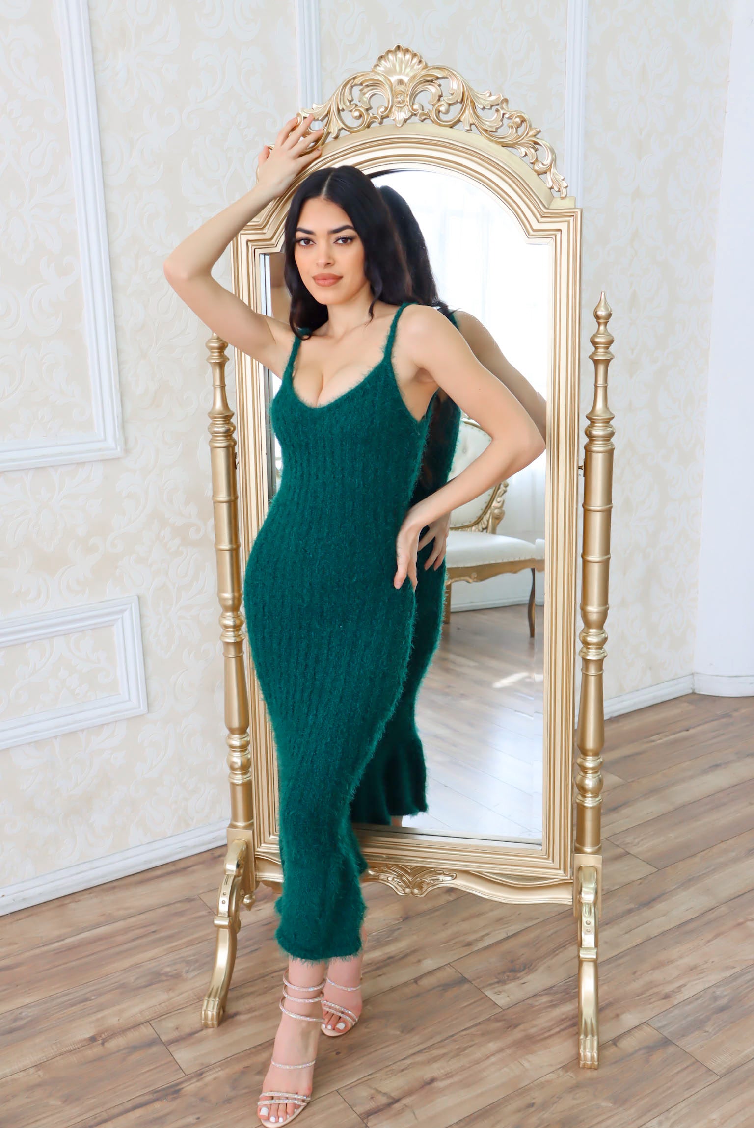 emerald furry midi dress