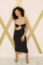 Bodycon midi dress with adjustable rhinestone straps, rhinestone bra outline and side cutout in black