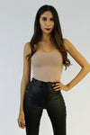 Ribbed strapless top in pink.