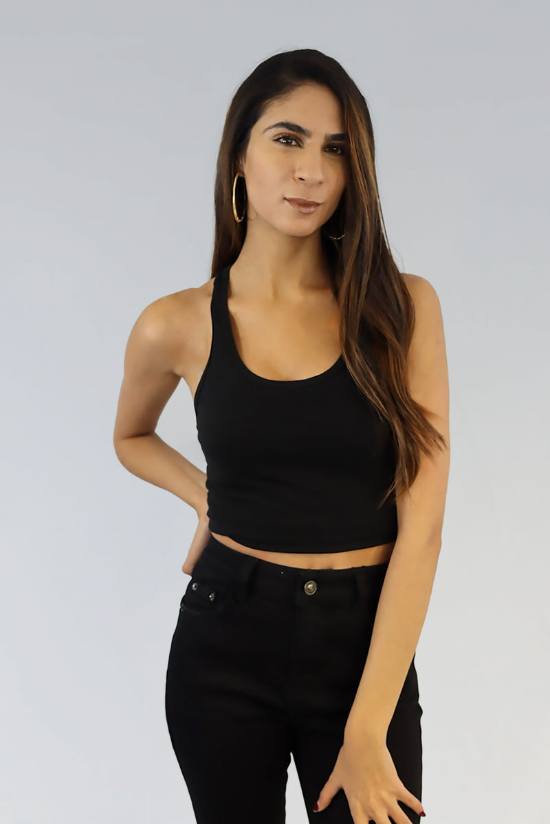 Cropped tank top with razor back in black.
