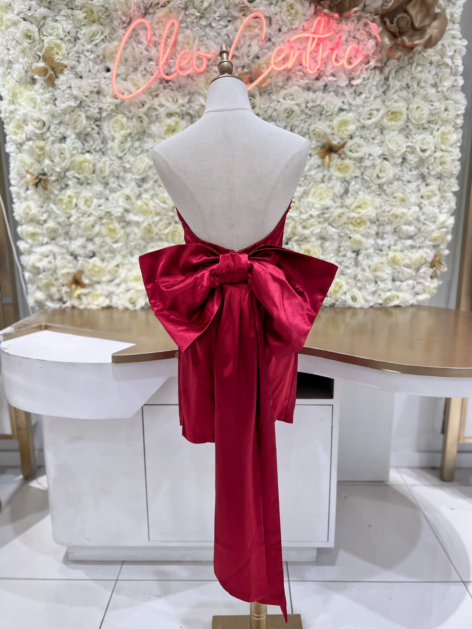 Bethany Satin Mini Bow Dress (Red) Large Bethany Satin Mini Bow Dress (Red) Large