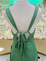Green v-neck satin mini wrap dress.