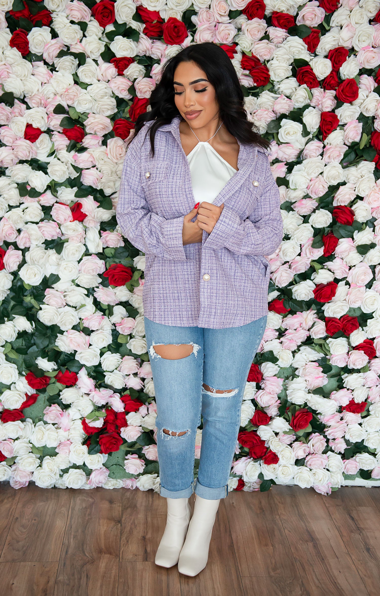 Lavender sequin checkered shacket with pearl buttons.