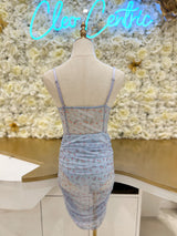 Blue floral mesh mini dress with a corset, bra cups and underwear lining.