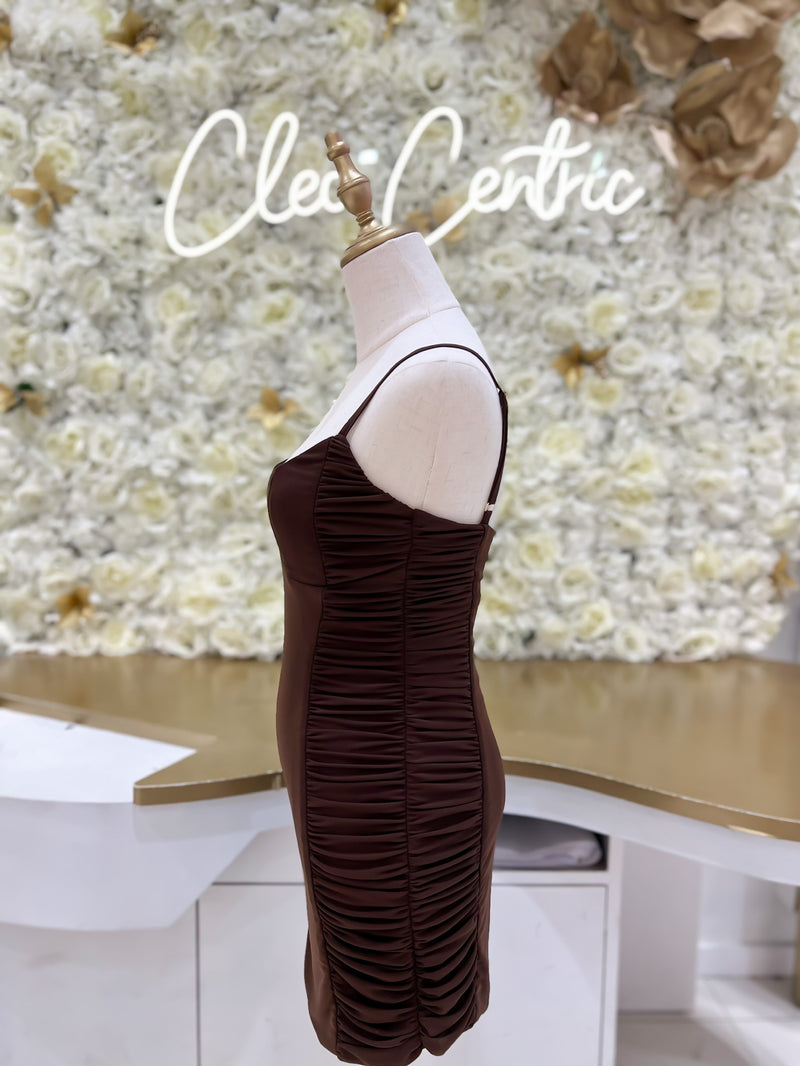 Brown ruched mini dress.