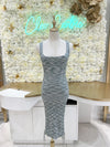 Green stripped ruched knitted dress.