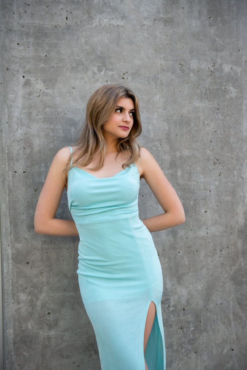 Aqua midi dress with a slit.