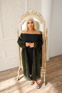 Fur olive colored long coat with pockets.