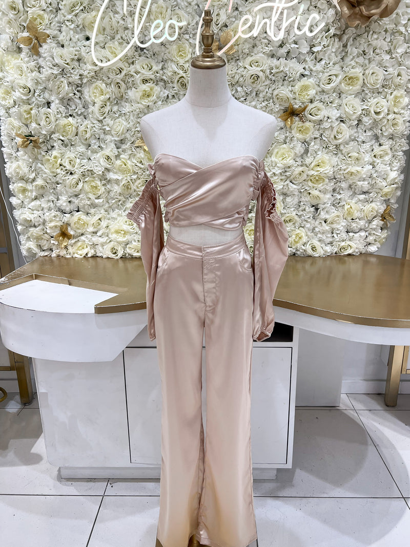 Satin wide leg pant in champagne with matching top.