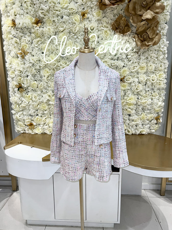 White tweed blazer with matching tweed high waisted shorts and a tweed push up bustier.