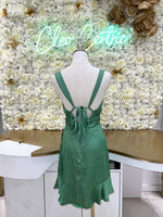 Green v-neck satin mini wrap dress.