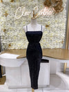 Sequin midi dress with side cutouts in black.