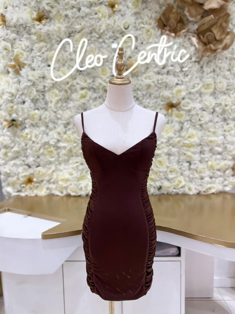 Brown ruched mini dress.