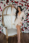 Champagne and gold sequin multi-wear dress/ coat with waist tie.