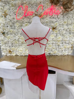 Red Satin asymmetrical mini dress with rhinestone fringe and open back.