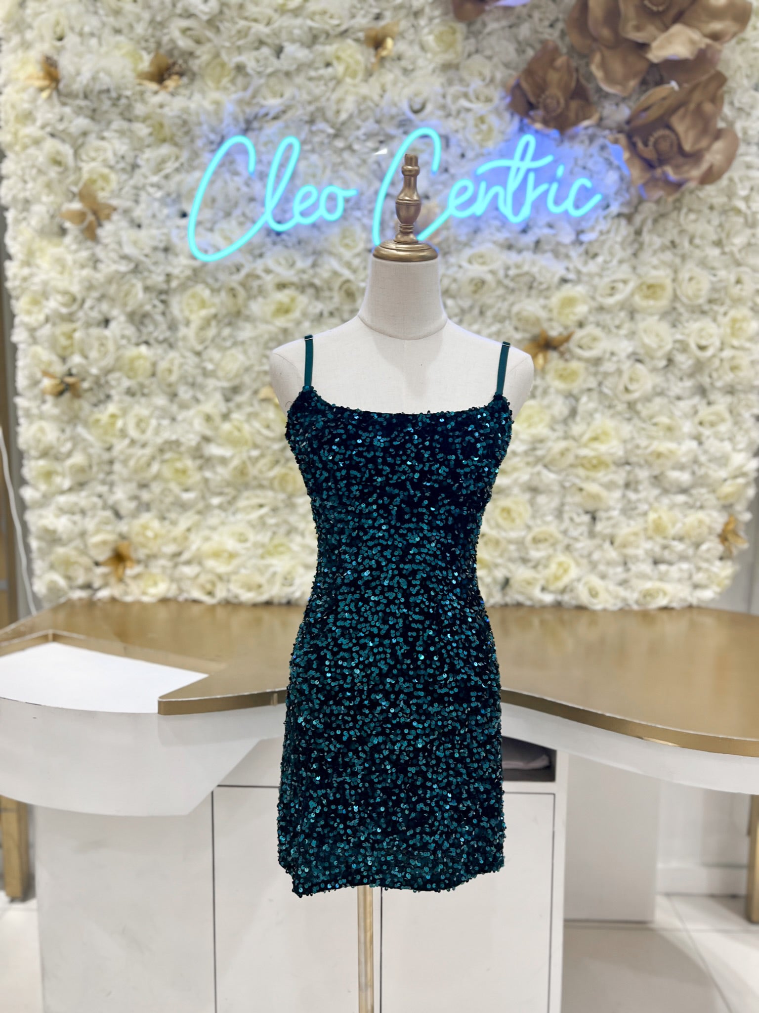 Sequin Teal dress.