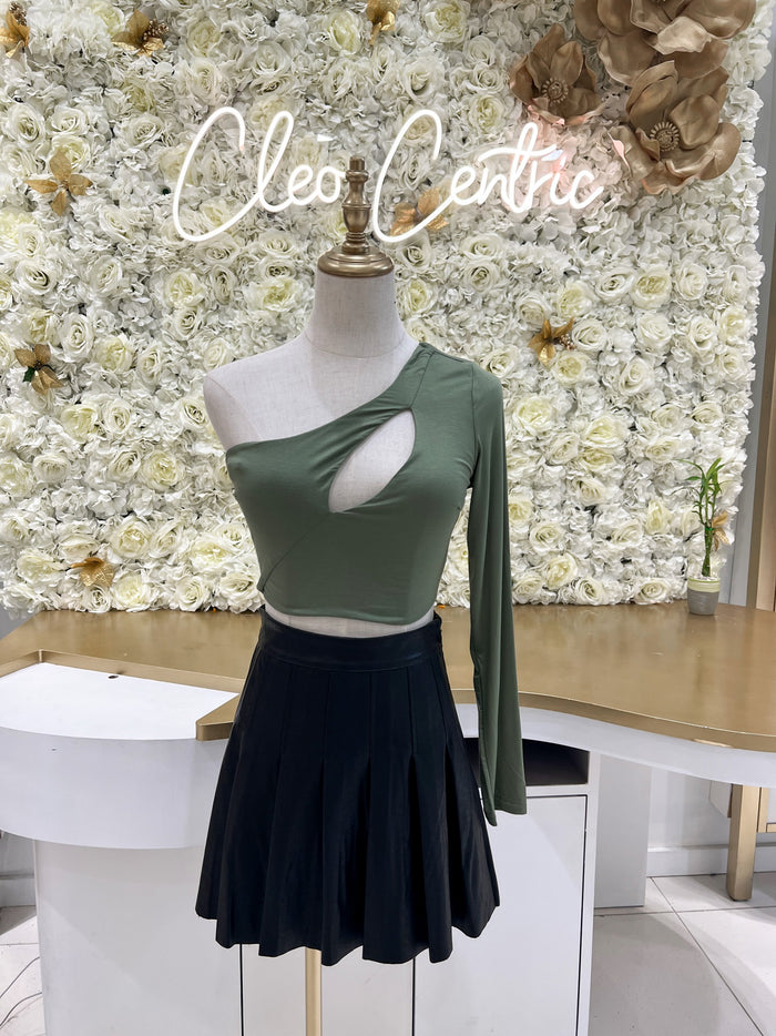 Green one shoulder crop top with a cutout.