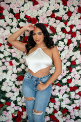 Satin halter handkerchief top.