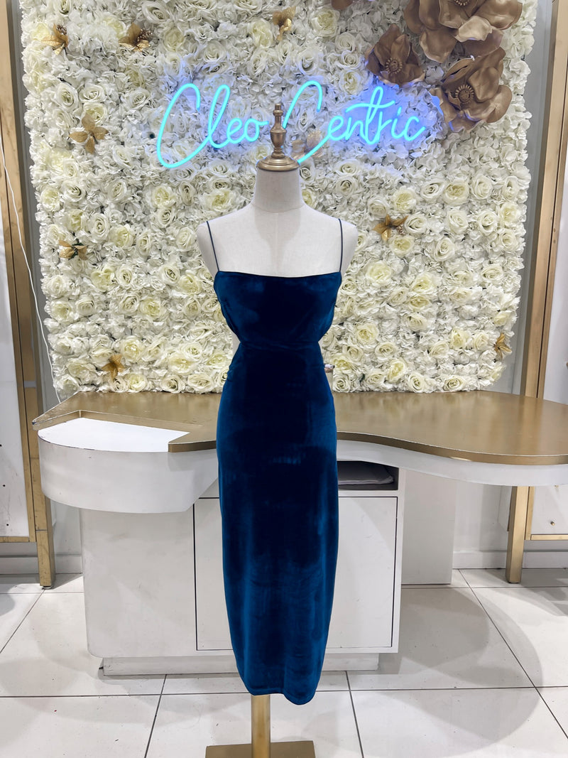 Blue velvet cutout midi dress.