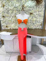 Orange Strapless bra top with plunging gold jewel design 