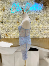 Blue floral mesh mini dress with a corset, bra cups and underwear lining.