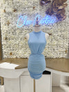 Blue ruched mini cutout dress.