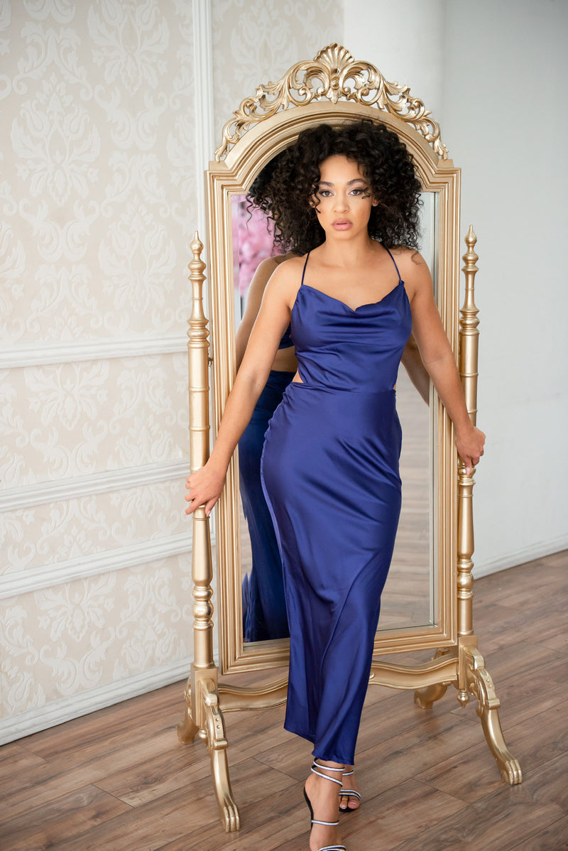 Midnight blue Satin slip maxi dress with adjustable straps and back/ side cutout.