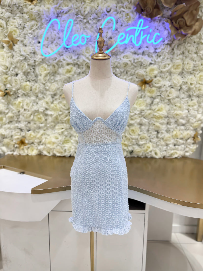 Lace mini dress with a sheer midriff in blue.