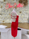 Red Satin asymmetrical mini dress with rhinestone fringe and open back.