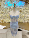 Blue floral mesh mini dress with a corset, bra cups and underwear lining.