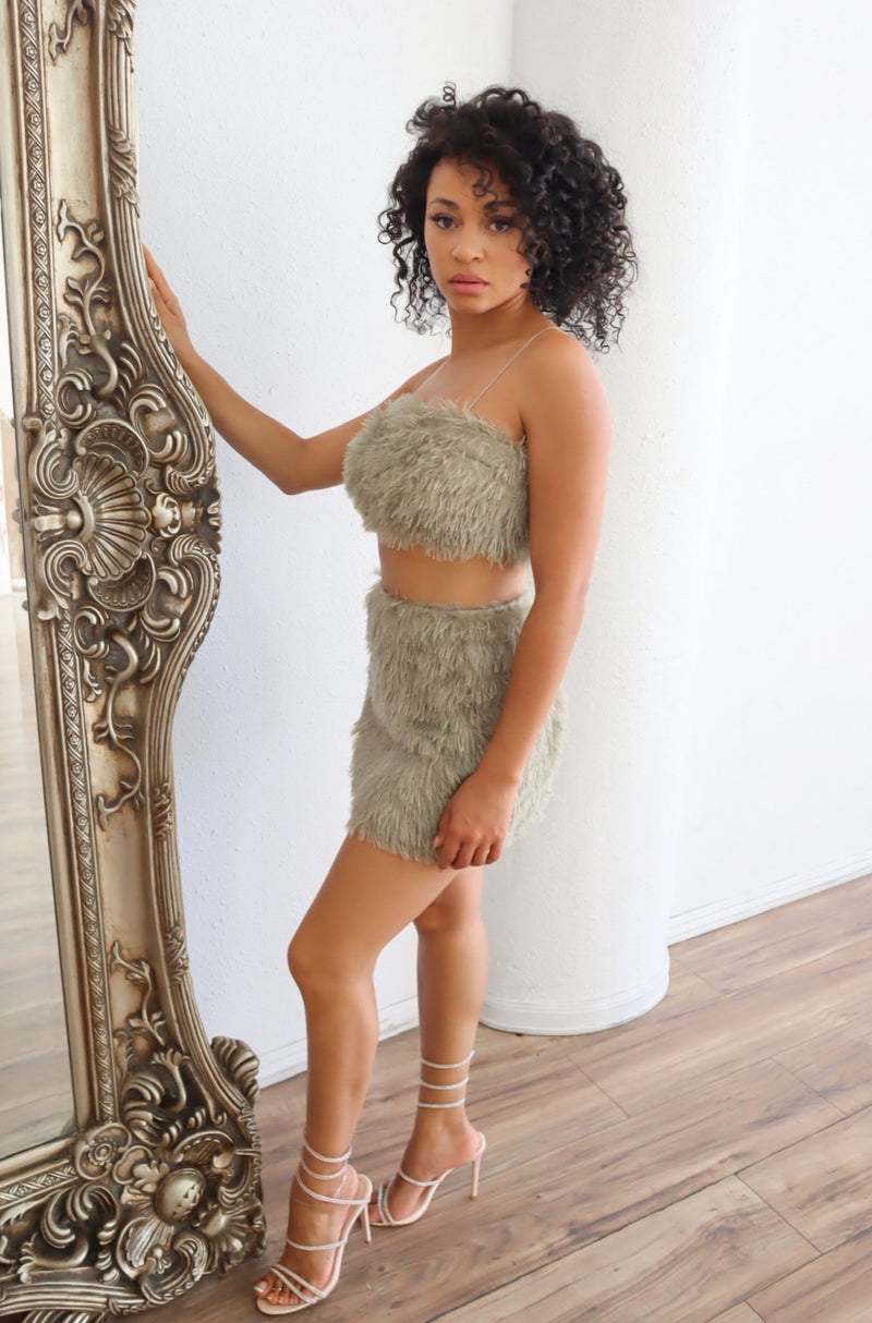 Matcha tight furry mini skirt paired with a furry crop top.