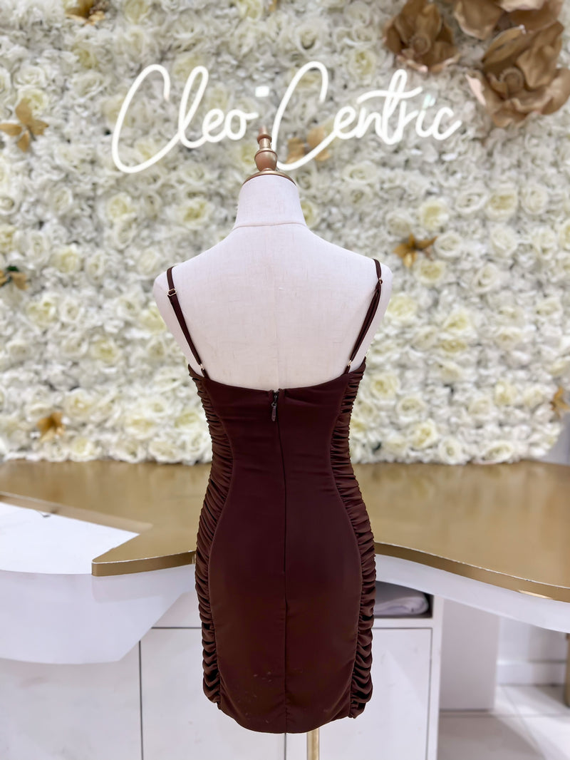 Brown ruched mini dress.