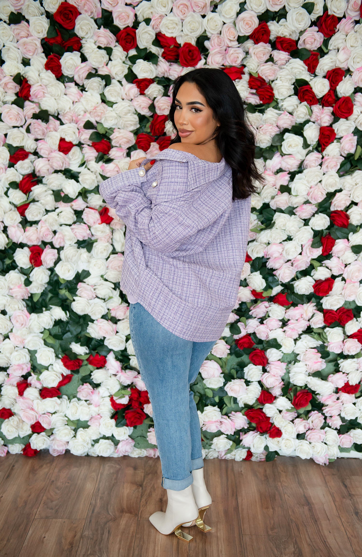 Lavender sequin checkered shacket with pearl buttons.