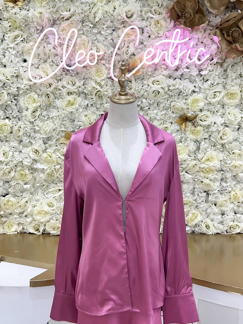 Dark rose collared long sleeve and mini skirt with slit.