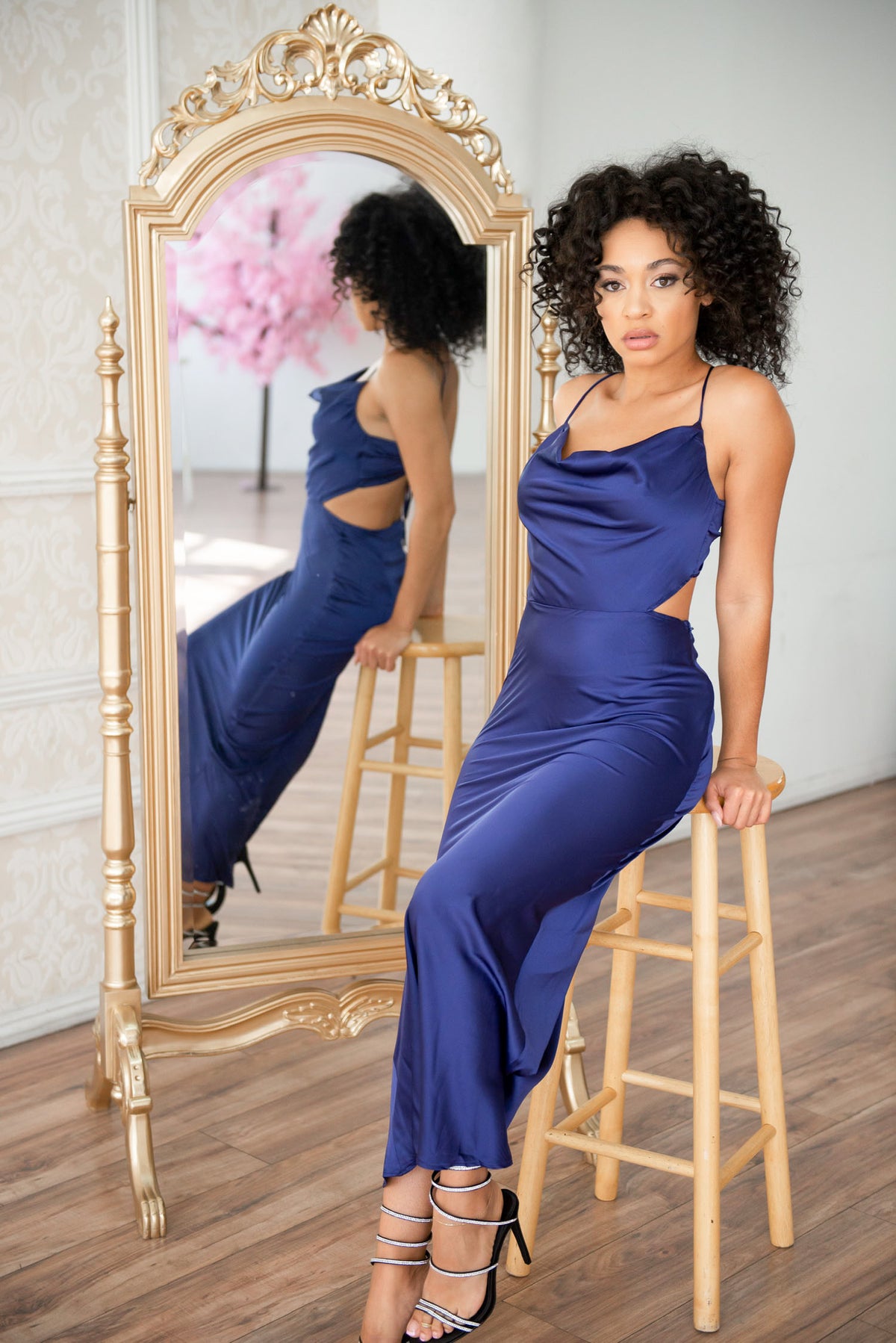 Midnight blue Satin slip maxi dress with adjustable straps and back/ side cutout.