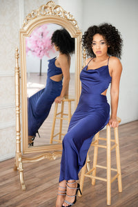 Midnight blue Satin slip maxi dress with adjustable straps and back/ side cutout.