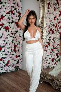 Satin bra top paired with Satin blazer and satin pants in white.