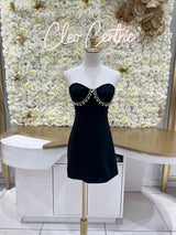Strapless mini dress with jewels lining the breast.