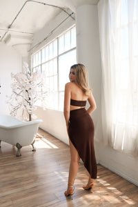 Slinky midi skirt with asymmetrical high slit with matching top in brown.