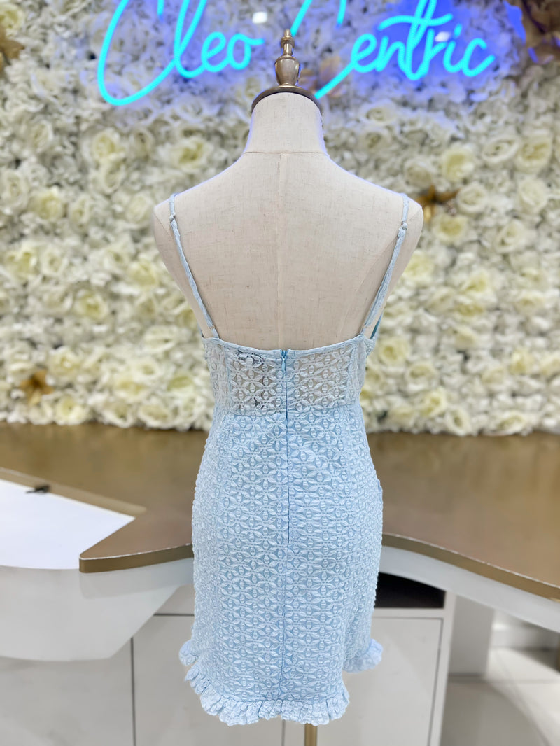 Lace mini dress with a sheer midriff in blue.