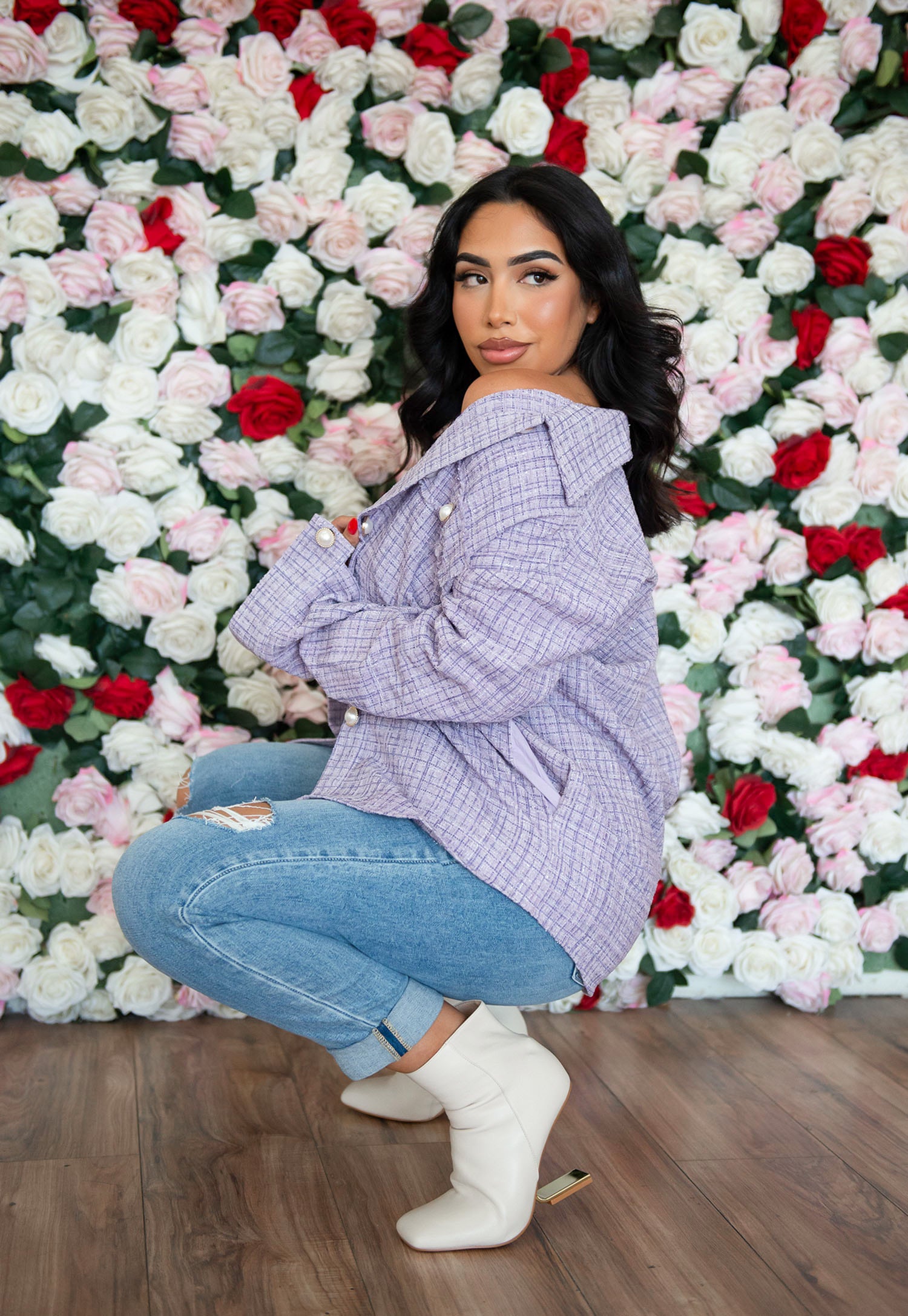 Lavender sequin checkered shacket with pearl buttons.