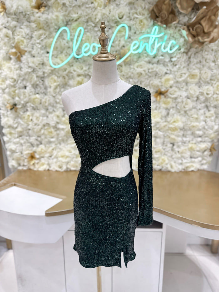 One Sleeve sequin mini dress with cutout in Hunter Green.