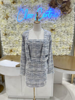 Cropped multicolor tweed jacket with matching dress.