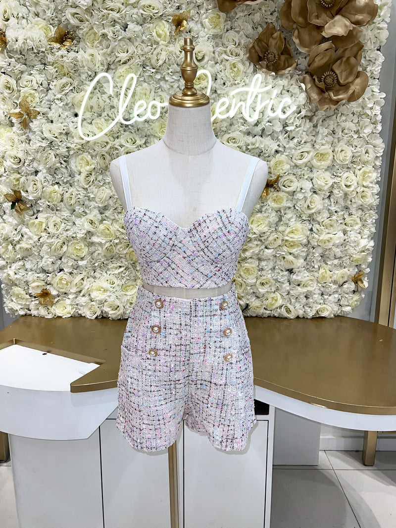 White tweed push up bustier paired with a matching tweed high waisted shorts.