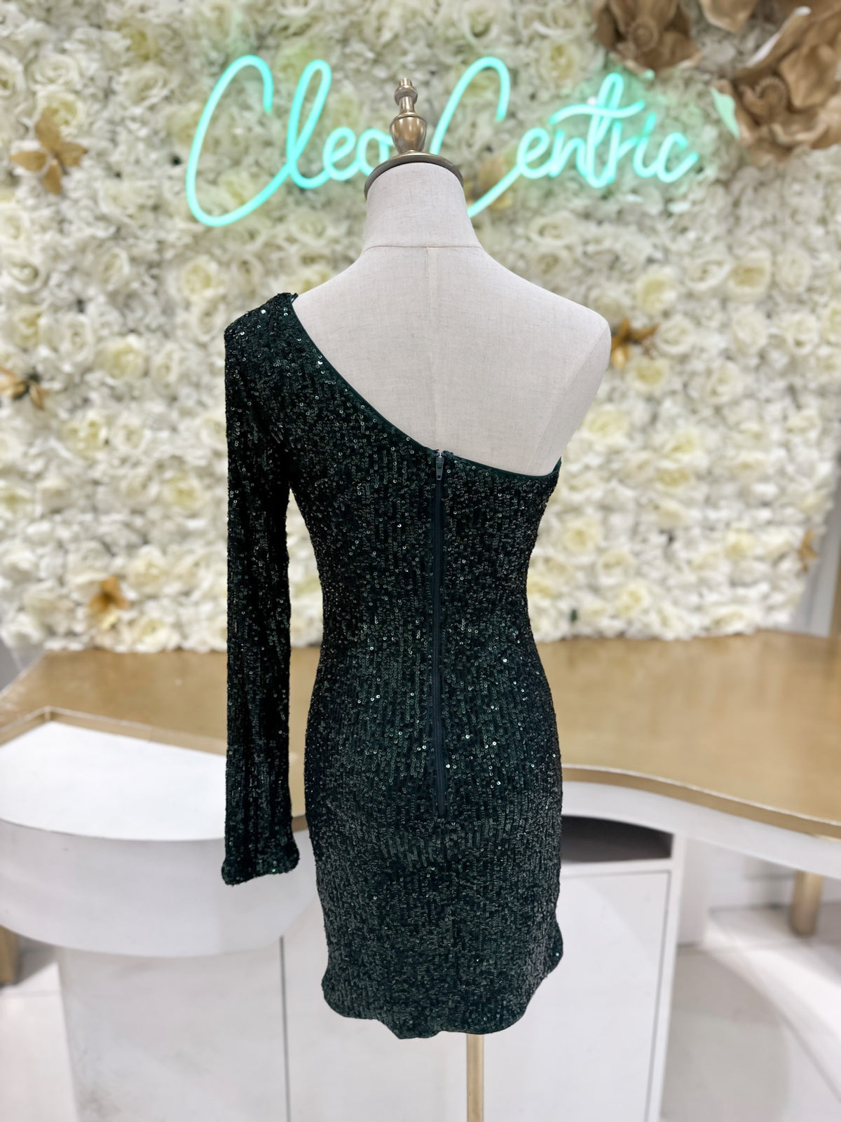 One Sleeve sequin mini dress with cutout in Hunter Green.