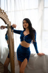 Blue velvet long sleeve top with matching velvet mini skirt